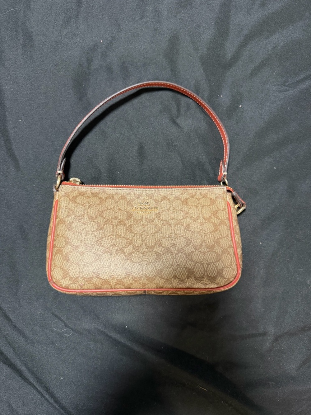 Coach Brown Signature Mini Shoulder Bag with Red Trim